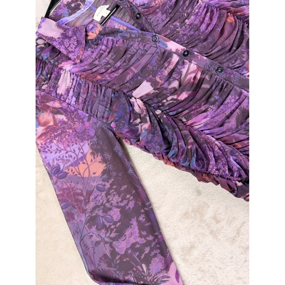 Pilcro Anthropologie Ruched Mesh Floral Print Button Down Top Purple Size Small - Picture 6 of 12
